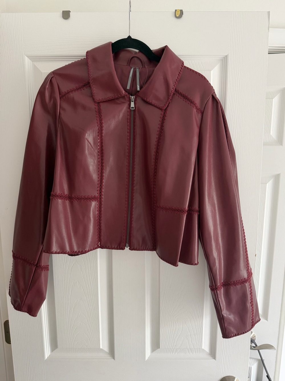 Anthropologie Women's Burgundy Faux Leather Zip-Front Jacket
